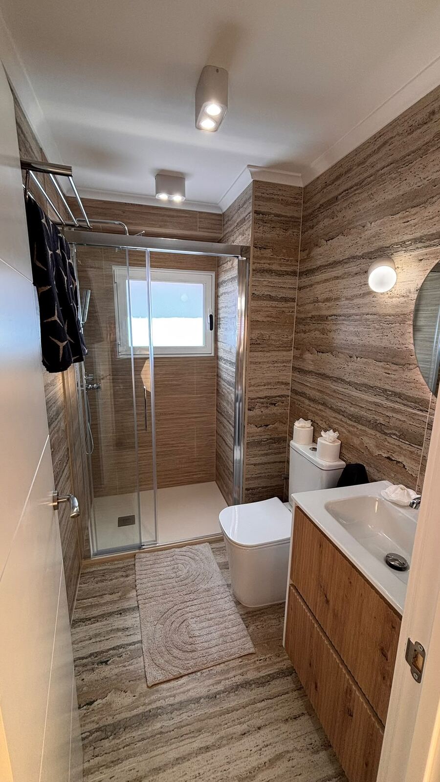 Main bathroom, travertine, 2026 renovation